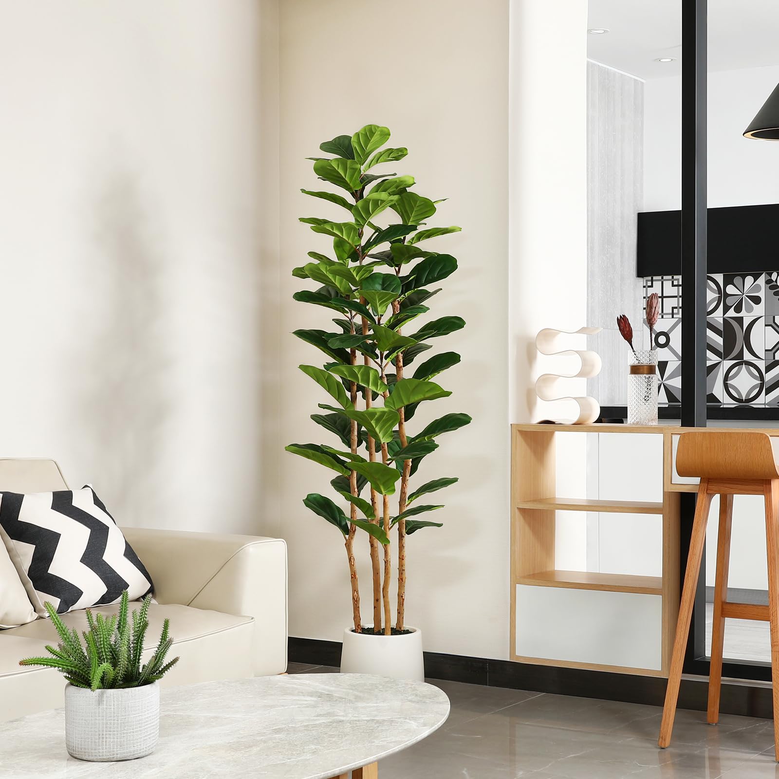 白いプランター付きの人工フィドルリーフフィギュアムツリー。高 - Ficus Lyrata Tree のレビューと価格
