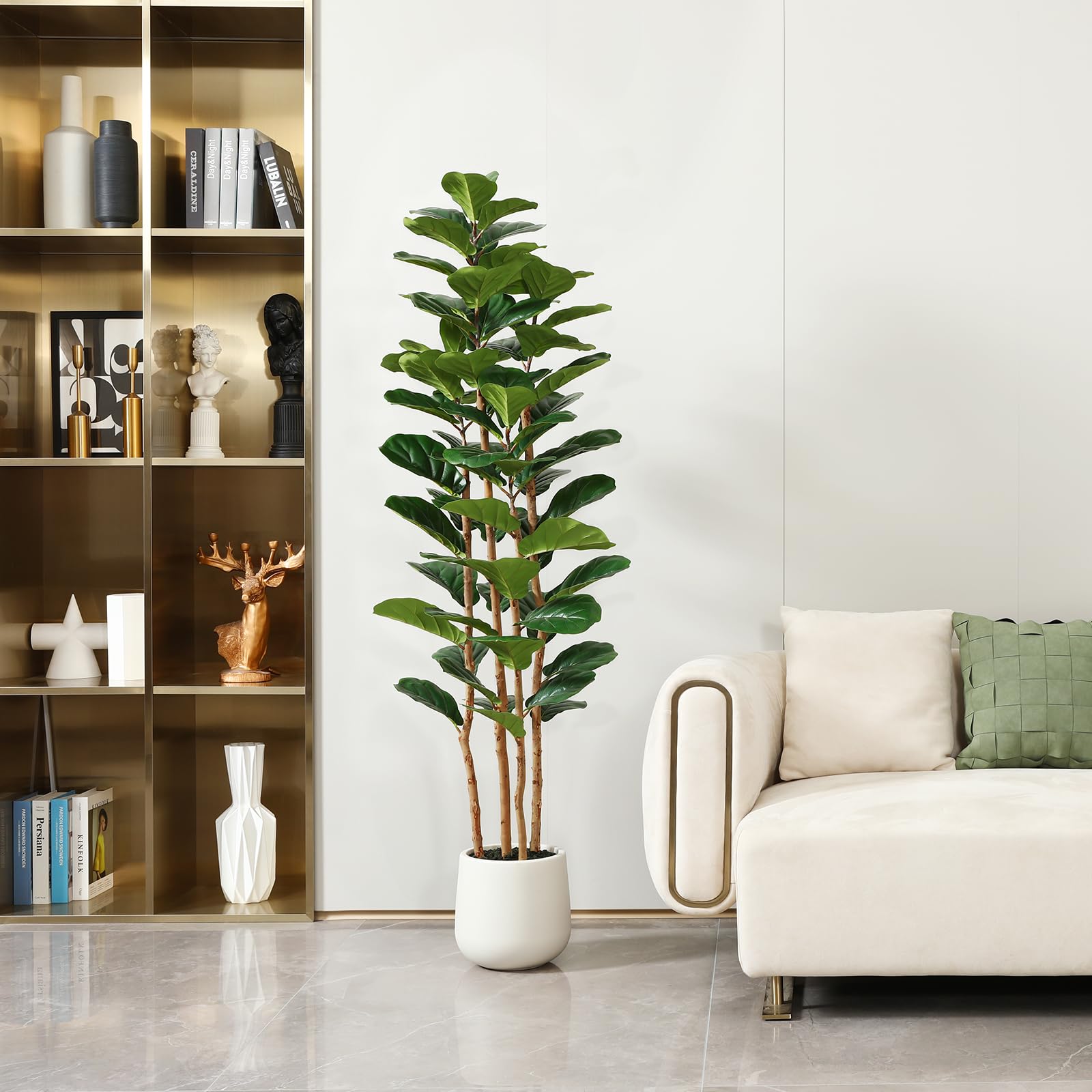 白いプランター付きの人工フィドルリーフフィギュアムツリー。高 - Ficus Lyrata Tree のレビューと価格